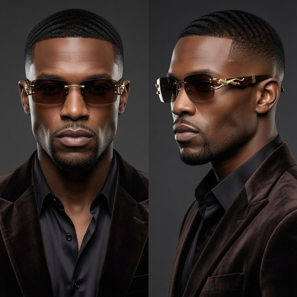 Men Rimless Rectangle Sunglasses Brown Hip Hop Streetwear Luxury UV400 Migos New